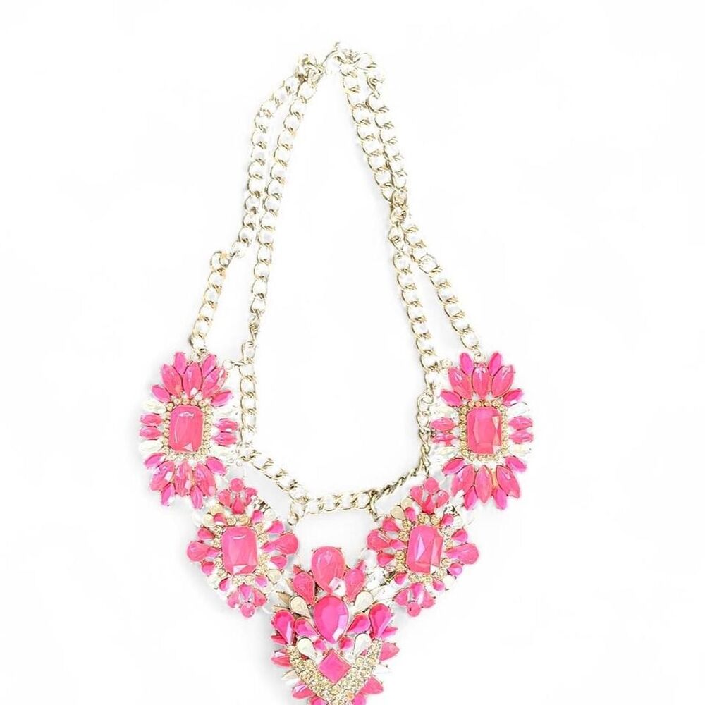 Vintage Pink heart-shaped necklace with rhinestones and silver chain